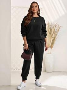EMERY ROSE Plus Size Women Black Solid Color Round Neck Long Sleeve Sweatshirt And Sweatpants Casual 2 Pieces Set,Autumn Winter Curve Loungewear Fall Clothes - Black - View 1