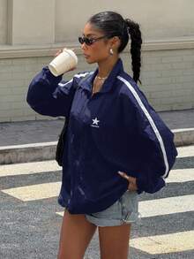 SHEIN Áo khoác thông thường màu đen cho bé gái mới trở lại trường màu khối tương phản màu sắc thường ngày - Màu xanh hải quân - Xem 6