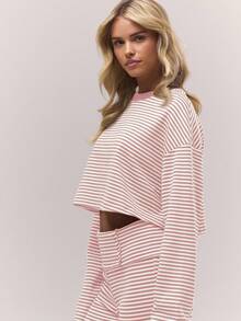 MUSERA 短款条纹长袖圆领宽松T恤，复古乡村风，可爱田园风，休闲居家上衣，女士奶油糖色，适合冬季、春夏和复活节穿着。 - 粉色 - 查看 2