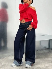 EURMUSE WOMEN LOW WAIST WIDE LEG JEANS RED EMRIODERY AND STICH DETAIL - Dark Wash - View 4