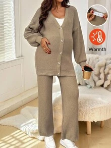 SHEIN Maternity Solid Color Minimalist Long Sleeve Top And Pants Sweater Set, Everyday Wear - Khaki - View 3