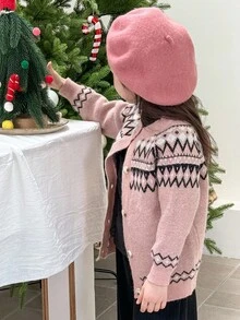Genkimix Kids 秋冬新款韩版复古女童开衫圆领插肩袖针织花图案毛衣 - 粉色 - 查看 5