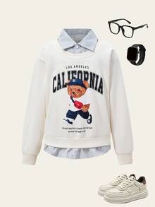 1 件男童休闲运动衫，仿衬衫领，带熊图案，长袖 - 黃色 - 查看 2