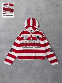 ROMWE MEN Prep Áo hoodie sọc kim cương lấp lánh thời trang thường ngày dành cho nam - Đỏ - Xem 1