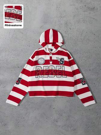 Street Life Sudadera con capucha casual y elegante con rayas y diamantes para hombres