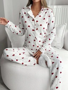 EURMUSE Bộ đồ ngủ nữ màu trắng kẻ sọc họa tiết trái tim Pelush, cài cúc phía trước, tay dài và quần dài, thích hợp mặc ở nhà. - trắng - Xem 3