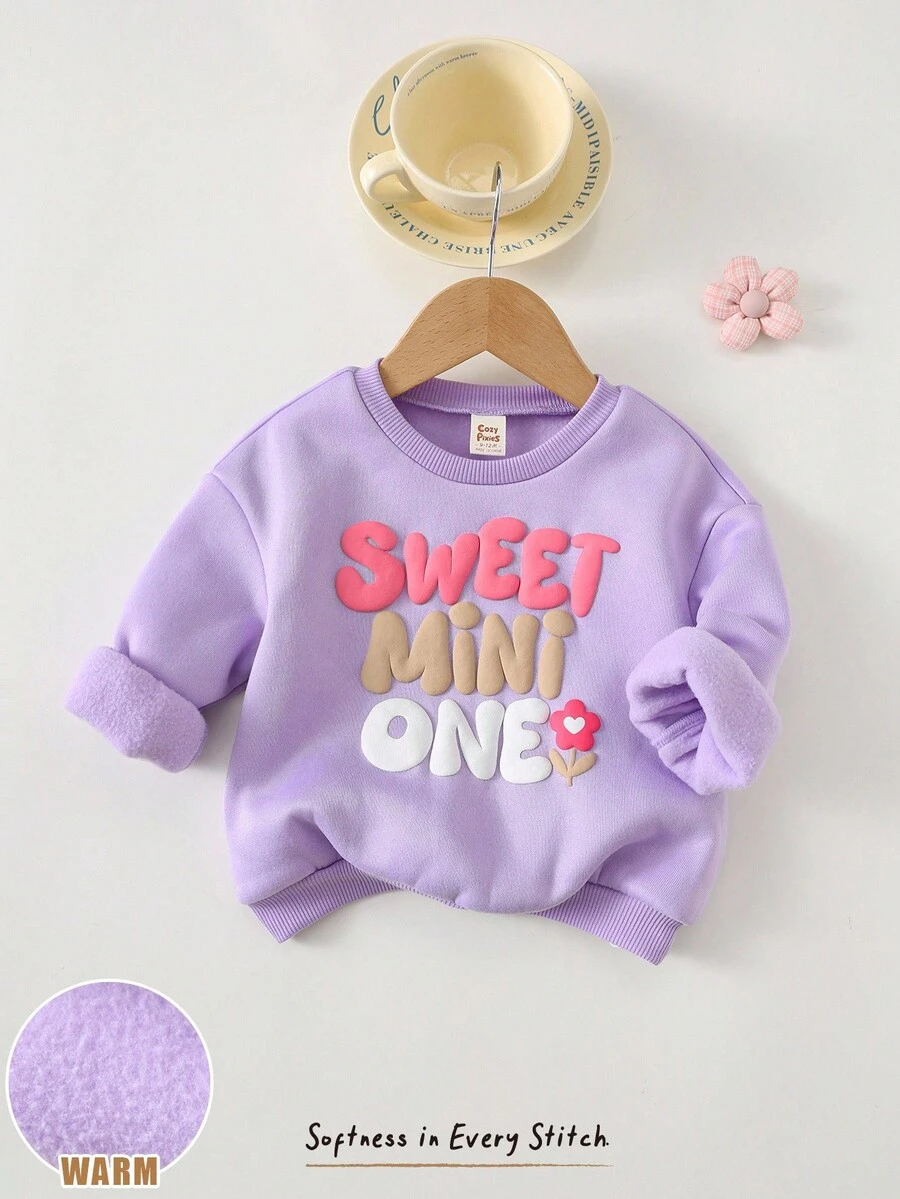Cozy Pixies Baby Girl 3D Letter Pattern Round Neck Drop Shoulder Sweatshirt, Versatile & Comfortable Fall Winter - Purple - View 1