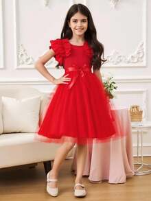 SHEIN 女童盖袖罗纹网眼圆领夏季公主百搭连衣裙（配腰带） - 紅色 - 查看 3