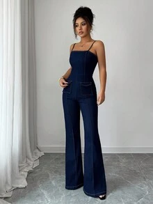 Siren Gaze 女式休闲时尚翻盖口袋高弹力喇叭腿牛仔连体裤，夏季 - 中等水洗藍 - 查看 6