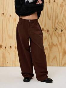 COUREZ Quần ống rộng cạp thấp dáng phồng bằng cotton với vòng kim loại phía sau / Trang phục đi chơi phong cách Y2K, quần áo mùa thu cho nữ, quần áo mùa đông cho nữ, quần ống rộng thường ngày phong cách rave. - Màu Khaki - Xem 5