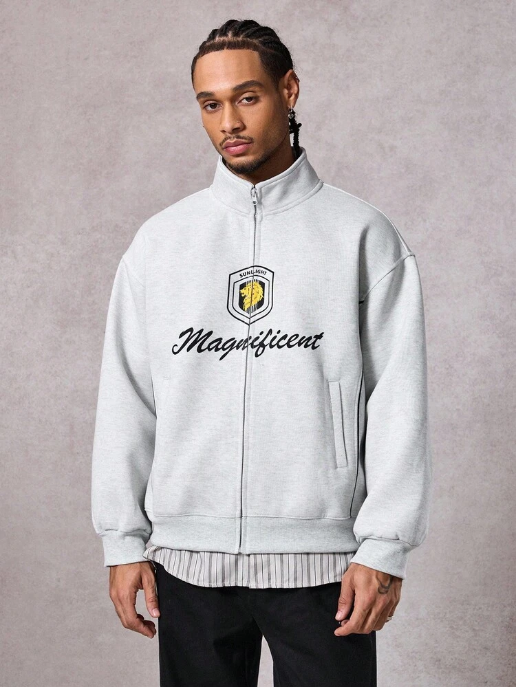 Men's Thermal Lined Short Stand Collar Graphic Letter Print Sweatshirt Sweatshirt, Autumn/Winter