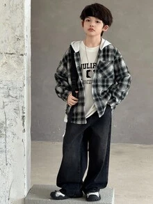 DAZY 男童（大童）格子连帽长袖衬衫
