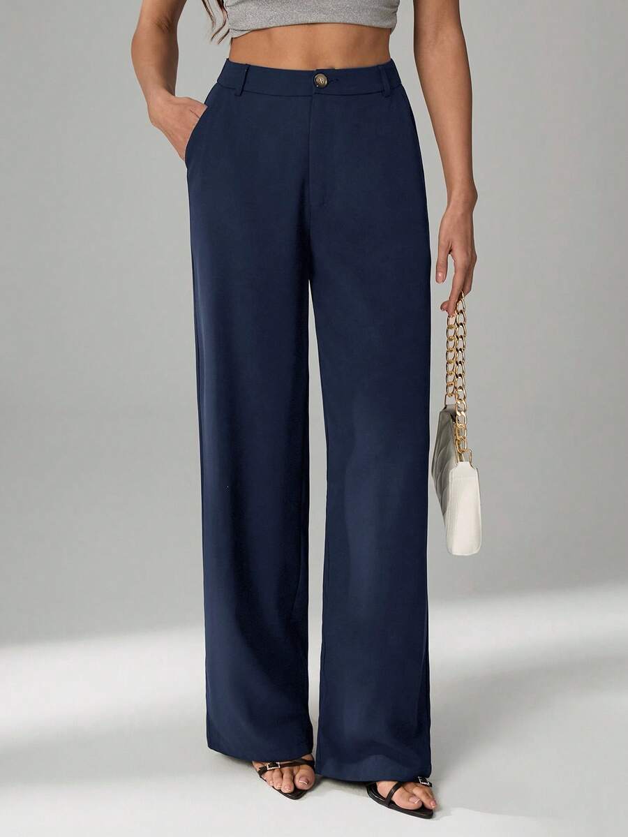 SHEIN Tall 夏季休闲黑色西装直筒阔腿裤，女士复古富家风，办公室仙气风藏蓝色阔腿裤，女士长裤，藏蓝色阔腿裤，女士长裤，夏季亚麻裤 - 藏蓝色 - 查看 1