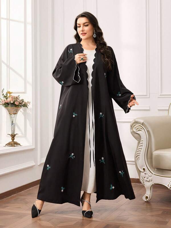 Al Najma Plus Size Women Floral Embroidered Long Sleeve Abaya Open Abaya For Women