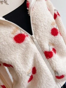 Cherry Pattern Casual Warm Long Sleeve Zip-Up Tween Girls Coats Fall Winter - Khaki - View 4