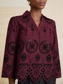 Aveloria Modichic French Elegant Elaborately Embroidery V-Neck Asymmetric Hem Long Sleeve Blouse For Women  - Red - View 5