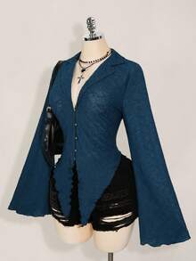 SHEIN ICON ICON PLUS 生菜边不对称下摆透视上衣（无胸罩）大码衬衫 - 1891，Y2k - 藏蓝色 - 查看 3