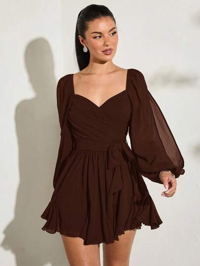 SHEIN BAE Lightweight Sheer Bowknot Tie Lantern Sleeve Split Hem Solid Black Dress, Sexy Minimalist For Beach Vacation, Daily Wear, Date Dark Brown Dress,Chocolate Brown Dress