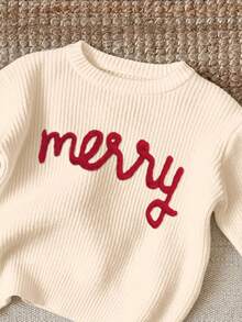 SHEIN Cremeweiß, süßer Weihnachtsschriftzug "Fröhlich" Stickerei, Weihnachtsstimmung, gemütliche Jahreszeit, Baby Mädchen lässig weite Passform Rundhals Langarm Pullover, geeignet für Herbst/Winter - Weiss - Übersicht 4