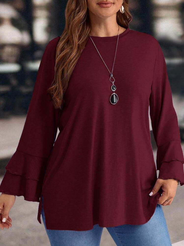 Plus Size Winter Women Casual Purple Bell Sleeve Side Slit T-Shirt