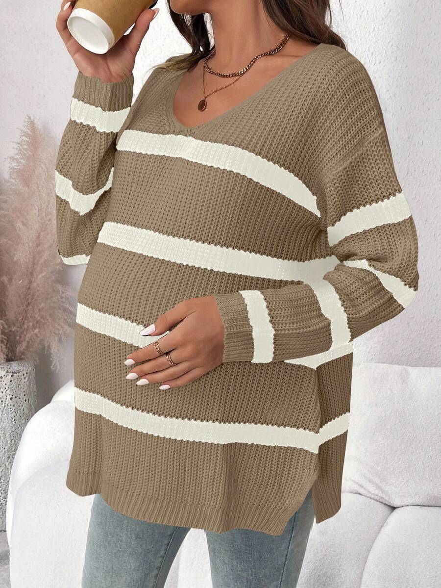 SHEIN Suéter de punto de manga larga casual de color contrastante para maternidad - Caqui - Ver 1