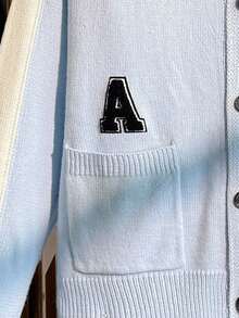 SWAVVY Men's Contrast Color Patchwork Letter Graphic Cardigan With Dual Pockets, For Fall Winter