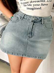 Dazy Plus Plus Size Washed Distressed Wrap-Around Bodycon Safety Short Denim Skirt, Spring/Summer Jeans Skirt - Light Wash - View 3