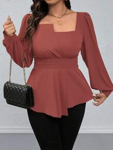 SHEIN LUNE Áo sơ mi tay dài cổ vuông màu trơn viền bèo nhún cỡ lớn, thường ngày cho dịp Giáng sinh, áo peplum - Gỗ đỏ - Xem 8