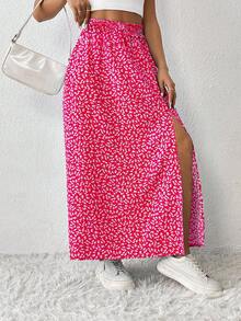 SHEIN PETITE CURVE 加大码女式碎花高开衩裙，夏季女式夏季高开衩长裙，适合身材较矮的度假乡村音乐会人士 - 玫紅色 - 查看 5