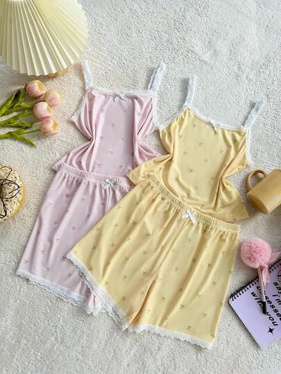 SHEIN 4 件套甜美可爱蝴蝶印花蕾丝吊带短裤睡衣套装，适合大女孩