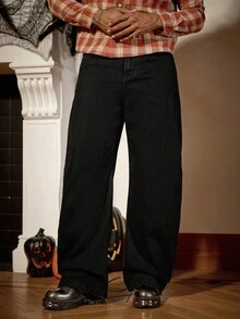 Manfinity Homme 男士美式街头风格破洞牛仔裤，蜘蛛刺绣朋克常规水洗图案黑色宽松迪斯科街头破洞牛仔裤，垃圾摇滚 - 黑色 - 查看 6