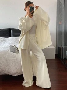 Livesso 2pcs Women Casual Loose Knit Sweater Set, White, Autumn - White - View 4