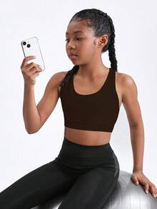 SHEIN Girls' Brown Sports Bra Sleeveless Scoop Neck Crop Top For Tweens Comfortable And High Elastic Fabric For Activewear - Brown - View 3