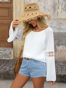 Brillora Hollow Out Bell Sleeve Round Neck Women's Blouse