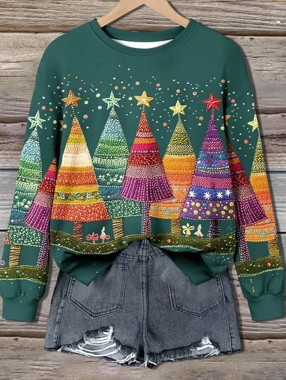 EMERY ROSE Women's Colorful Christmas Tree Print Round Neck Casual Plus Size Sweatshirt