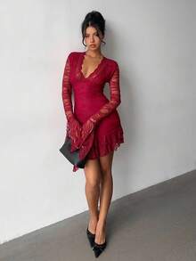 Aloruh Women's Sexy & Elegant Festive Christmas Halloween Bell Sleeve Fitted Lace Mini Dress,Symmetrical Flare Sleeve Fish Tail Maxi Lace Dress, Saudi National Day,Saudi National Day Clothing,Goth Dress,Fall/Winter Dress