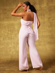 Vixey Chiffon One Shoulder Scarf Detail Sleeveless Wide Leg Jumpsuit