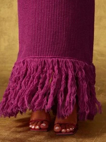 Vixey 流苏下摆罗纹腰带超长毛衣裙 - 玫紅色 - 查看 5