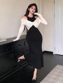 DAZY 女式拼色扭纹设计优雅长袖毛衣裙 - 黑色 - 查看 7