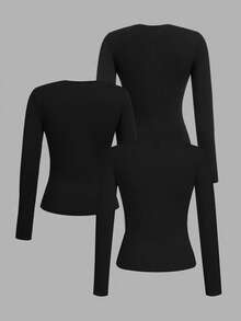 SHEIN Tall 女款 3 件組黑色長袖上衣，圓領休閒修身純色 T-shirt 套頭衫套裝，秋季春季日常基本修身上衣，適合高個女性 - 黑色 - 查看 9