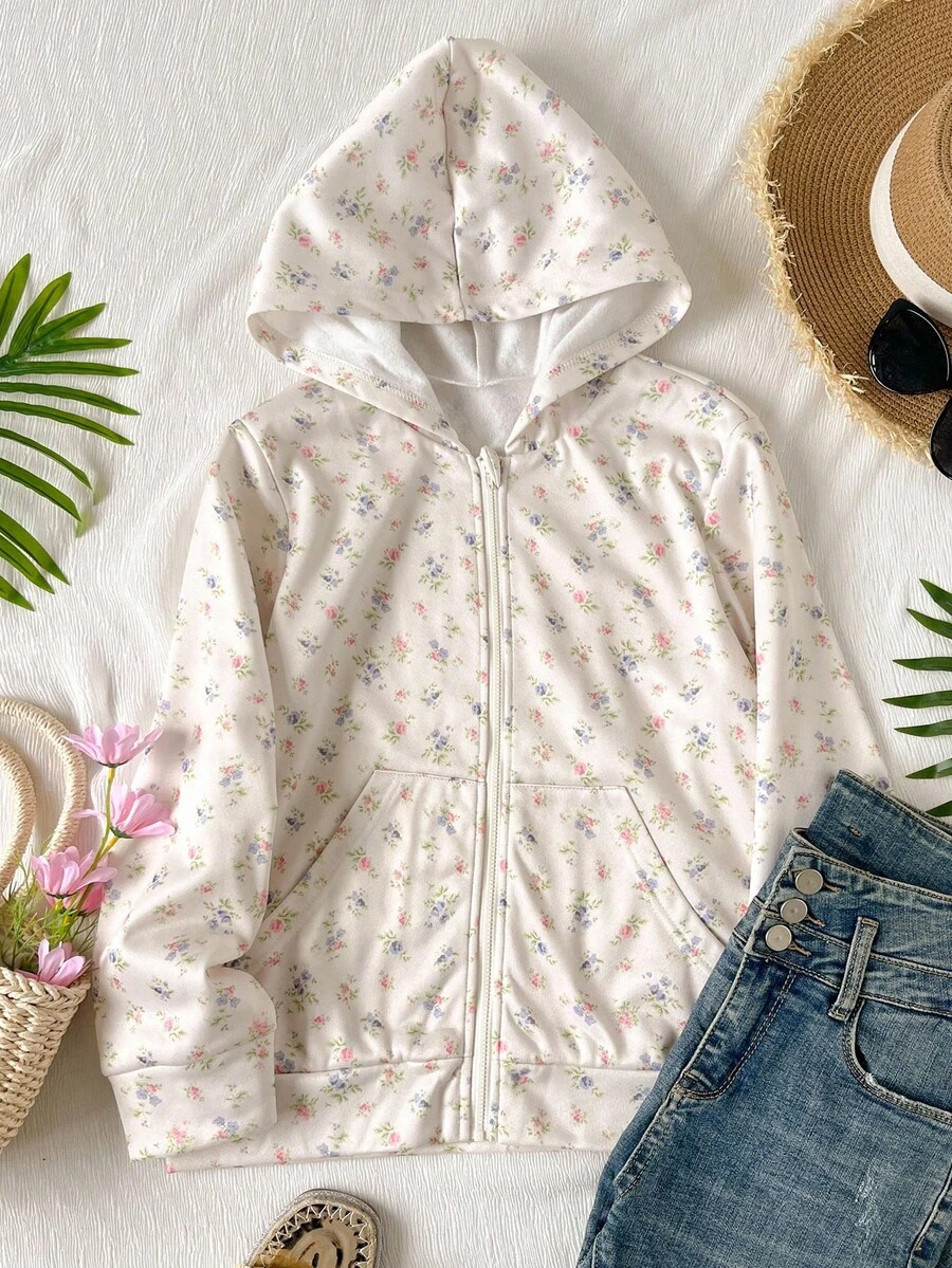 少女花卉印花连帽拉链长袖运动衫 - 彩色 - 查看 1