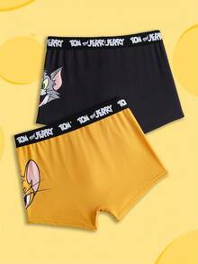 TOM & JERRY X SHEIN 2 件男士舒适字母胶带和可爱卡通印花内裤，基本款休闲 - 棕色 - 查看 2