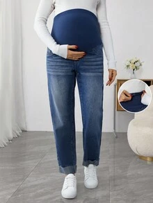 SHEIN 舒适弹力休闲百搭日常孕妇牛仔裤 - 中等水洗藍 - 查看 1