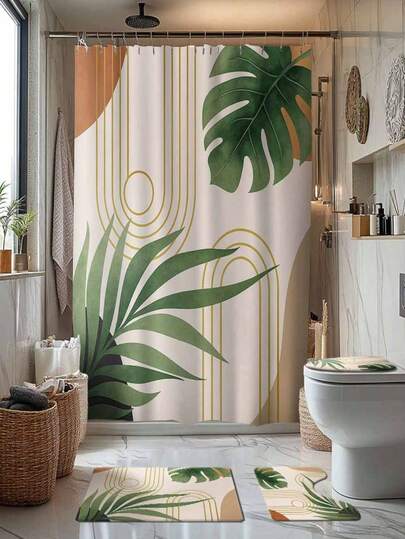 1/4 Pcs Medieval Tropical Bohemian Style Bathroom Curtain Set – Includes Shower Curtain, Bath Mat, U-Shaped Toilet Seat Pad, Toilet Lid Cover; Waterproof Shower Curtain For Bathroom Decoration, Stylish Curtain (Also For Door, Window & Sunshade), Modern Style Bathroom Partition Curtain; Drill-Free Installation, Polyester Material, Machine Washable