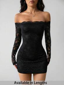 SHEIN Tall CURVE Váy mini hở vai tay dài ren chắp vá cỡ lớn cho nữ, Quần áo váy mùa hè - màu đen - Xem 1