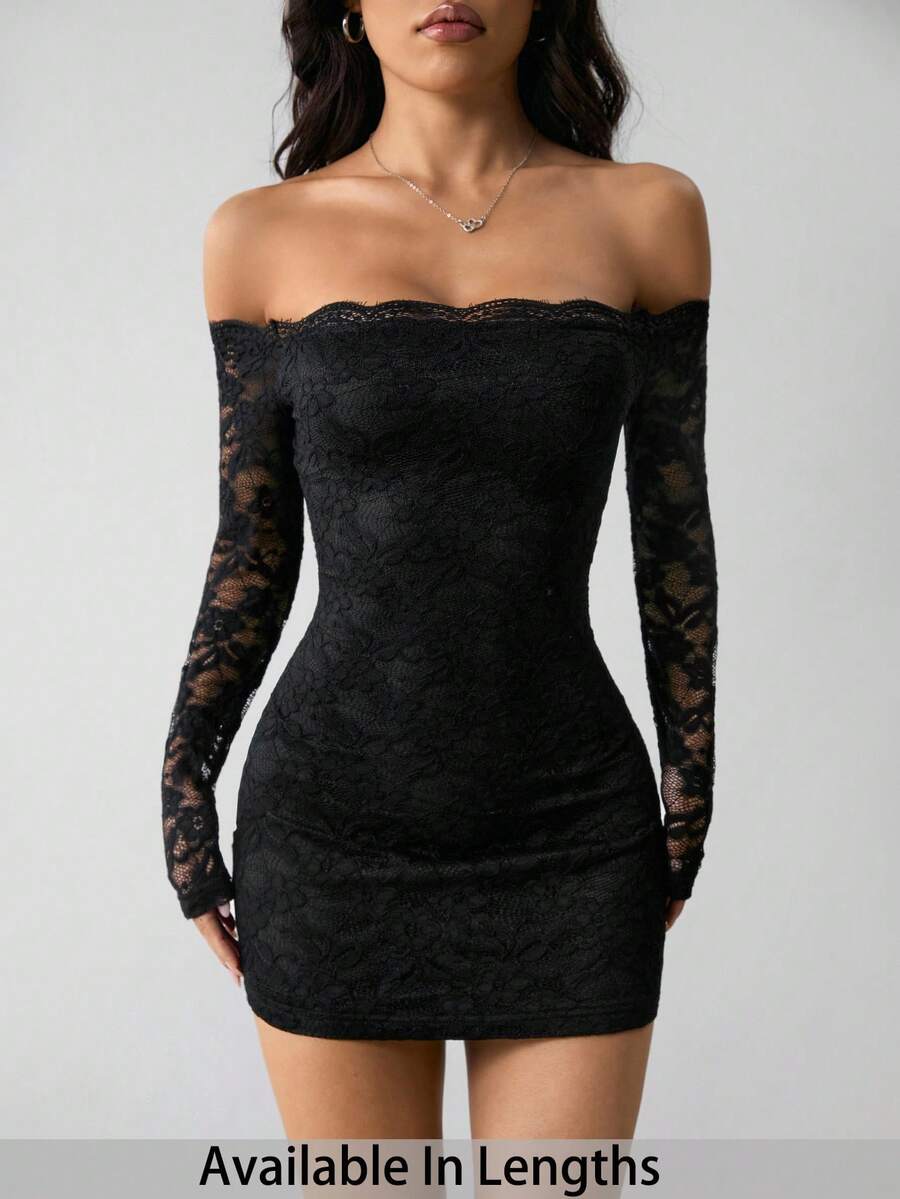 SHEIN Tall CURVE Váy mini hở vai tay dài ren chắp vá cỡ lớn cho nữ, Quần áo váy mùa hè - màu đen - Xem 1