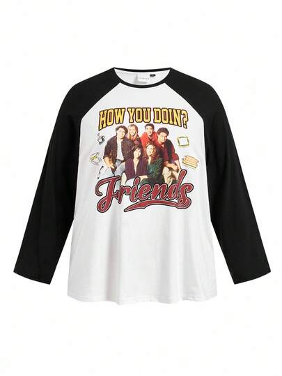 FRIENDS X SHEIN Plus Size Vintage Americana All-Match Versatile White & Black Figure Graphic Loose Fit Long Sleeve T-Shirt, Thermal Sports Streetwear