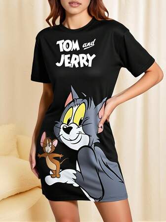 TOM & JERRY X SHEIN Women's Letter & Cartoon Pattern Black Short Sleeve Sleep Dress