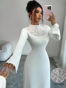 Modelyn Elegant Lace Patchwork Dress, French Style Fashion For Women