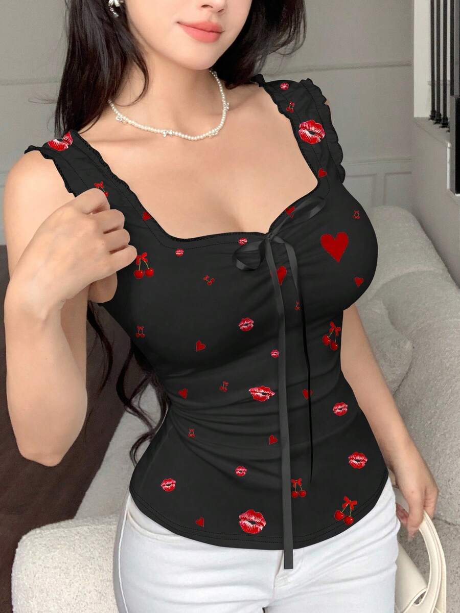 Modelyn Body de diseño con lazo y estampado de labios y corazones de cereza en color negro, adecuado para uso diario - Multicolor - Ver 1